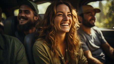 Group of friends driving on a road trip. They are laughing and smiling.の素材