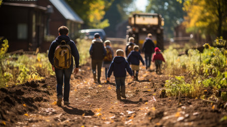Family walking in the field on a sunny autumn day, back viewの素材
