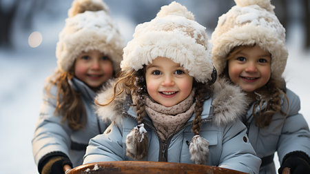 Portrait of three adorable little girls in winter clothes having fun outdoorsの素材