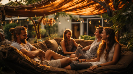 Group of friends having fun on a hammock in the garden.の素材
