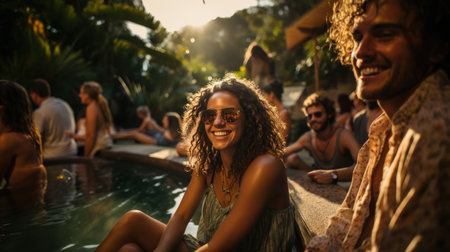 Group of friends having fun at a poolside party - Young people bonding and having fun outdoorsの素材