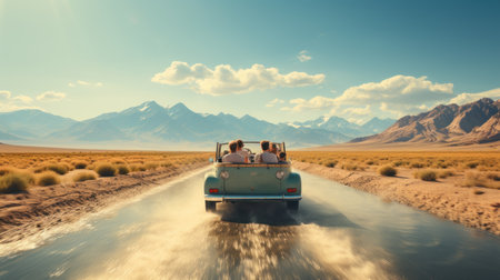 Young couple driving a retro car in the middle of the desert.の素材