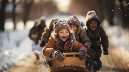 Group of happy kids having fun in winter park, playing with snowの素材
