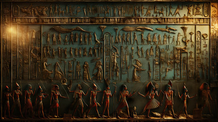 Egyptian hieroglyphs on the wall of the ancient templeの素材