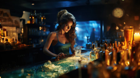 Attractive young woman bartender standing at the bar counter and making cocktailの素材