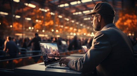 Businessman working on laptop at night in office. Business and technology concept.の素材