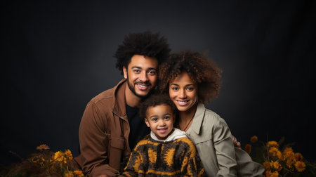 Happy african american family with little girl on a black backgroundの素材