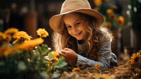 Cute little girl in a straw hat lies among yellow flowers in the garden.の素材