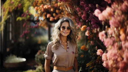 Portrait of a beautiful young woman with long wavy hair, wearing sunglasses, posing in the autumn park.の素材