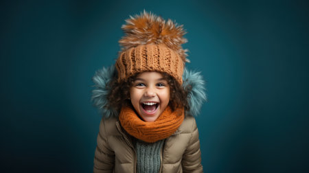 Portrait of a cute little girl in winter clothes on blue backgroundの素材