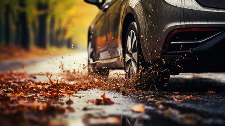 Car driving through the puddles on the road in autumn.の素材