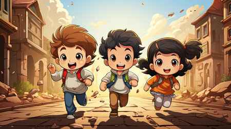 Children walking in the street illustration. Cartoon kids with backpacks.の素材