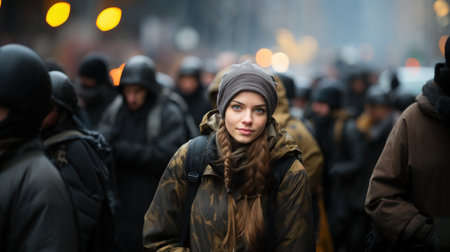 Portrait of a young woman in a cap and scarf on the streetの素材