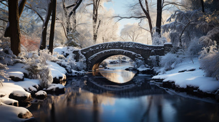Winter landscape with frozen river and stone bridge in the city park.の素材