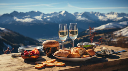 Two glasses of white wine with a table full of food on the background of the Alpsの素材