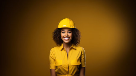 Beautiful african american woman wearing yellow helmet on brown backgroundの素材