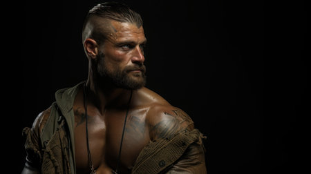 Natural shots of wrestling with a contemporary lifestyle look. Portrait of a brutal man with a tattoo on his body isolated on black background.の素材
