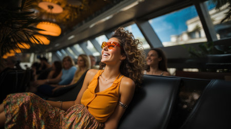 Beautiful young woman with curly hair and orange sunglasses sitting indoor, signifying light sensitivity. Another visual impairment.の素材