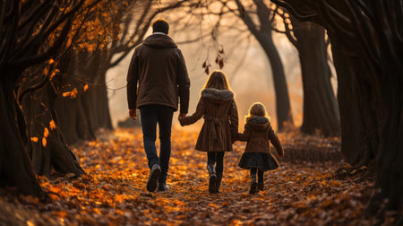 Ambiguous family relationships. Diverse families in natural settings in daily life. Back of happy family walking in autumn park. Father and two daughters are having fun together.の素材