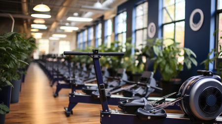 Interior of modern fitness hall with exercise bikes and green plants.の素材