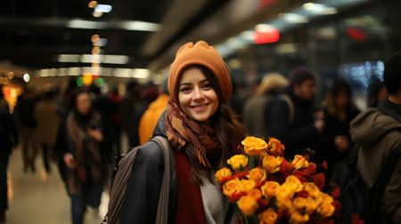 Beautiful young woman with bouquet of tulips in shopping centerの素材