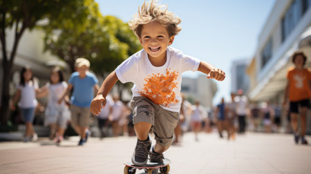 Little boy riding skateboard on the street with his family in the backgroundの素材