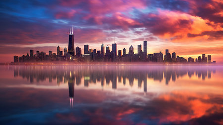 Chicago skyline at sunset with reflection on lake Michigan, Illinois, USAの素材