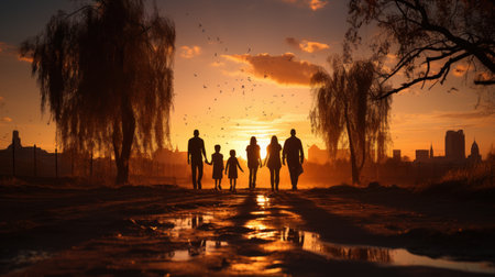Silhouette of a family walking on a road in the sunsetの素材
