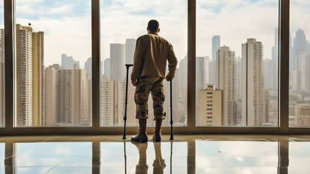 Young man with crutches looking at the city from the windowの素材