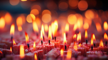 Close up of burning candles in a church. Shallow depth of field.の素材