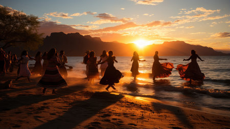 Silhouette of a group of women dancing at sunset on the beachの素材