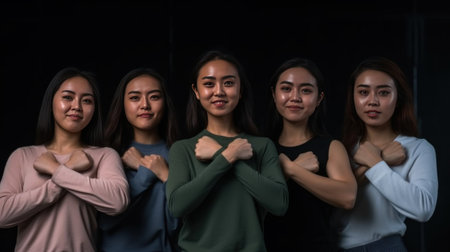 Group of young asian women standing together in the dark room.の素材
