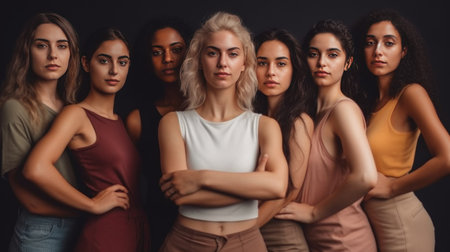 Group of multiethnic women standing together and looking at camera isolated on blackの素材
