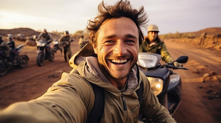 Adventure, travel, tourism and people concept - smiling young man riding on motorbike in desertの素材
