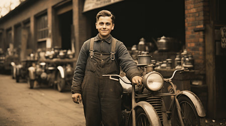 Portrait of handsome young man standing in front of his vintage motorcycleの素材