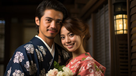 Couple in Japanese kimono on the background of a windowの素材