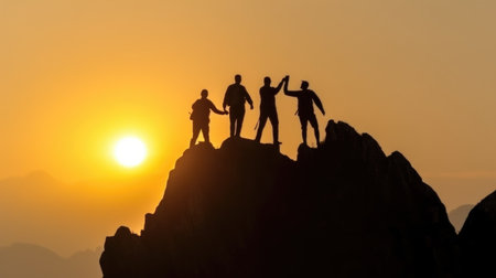 Silhouette of a group of people on top of a mountain at sunsetの素材