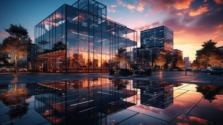 Modern office building with reflection in the water at sunset. 3d renderingの素材