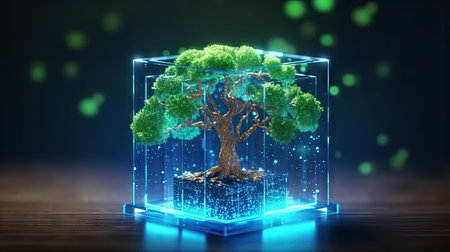 3D rendering of green tree in a glass cube on dark backgroundの素材