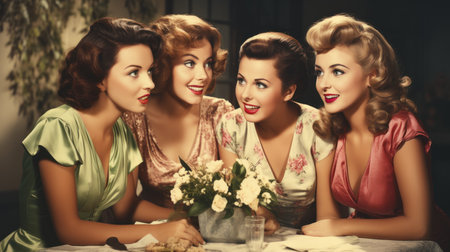 Group of beautiful young women sitting in a cafe. Retro style.の素材