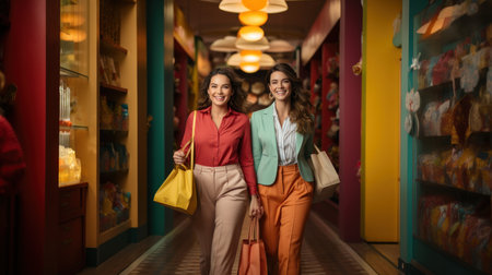 Portrait of two happy women with shopping bags walking in a shopping mallの素材