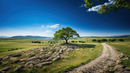Lonely tree on hillside in summer day, panoramaの素材