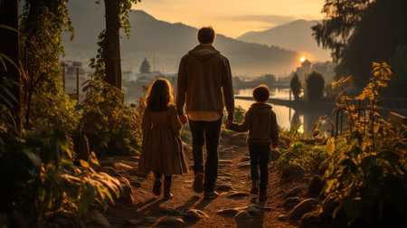 Back view of a father and two children walking in the park at sunsetの素材