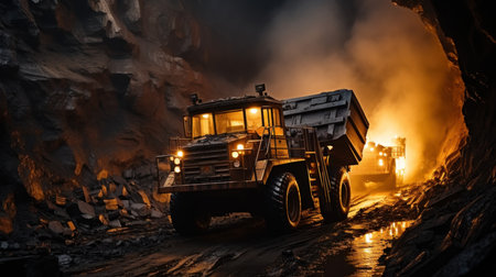 Dump truck in a coal mine at night. Heavy industry concept.の素材