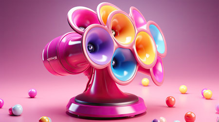 Purple speaker with colorful balloons on pink background. 3d renderingの素材