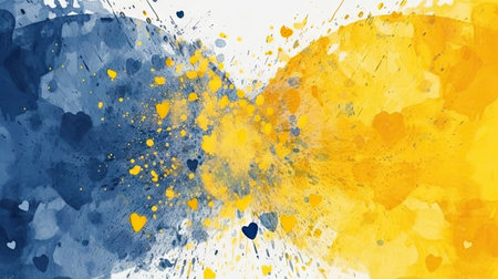 Abstract watercolor background with yellow, blue and orange splashes.の素材