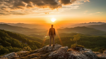 Man standing on the edge of cliff and looking at sunrise in the mountainsの素材