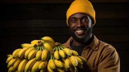 Portrait of a smiling african american man holding bunch of bananasの素材