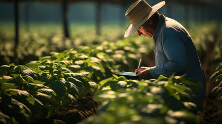Portrait of confident male farmer using digital tablet while standing in fieldの素材