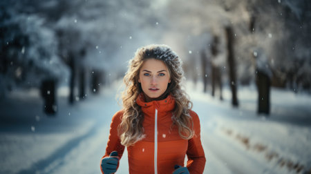 Young woman jogging in winter forest. Sport and active life concept.の素材